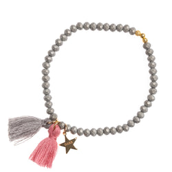 CRYSTAL BEAD BRACELET 4 MM W/TASSEL DUSTY GREY MATTE W/BLUSH ROSE