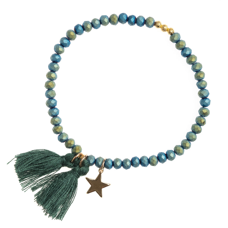 CRYSTAL BEAD BRACELET 4 MM W/TASSEL MALLARD GREEN MATTE