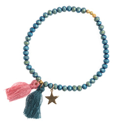 CRYSTAL BEAD BRACELET 4 MM W/TASSEL MALLARD GREEN W/BLUSH ROSE