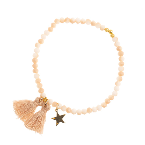 CRYSTAL BEAD BRACELET 4 MM W/TASSEL MATTE CAMEL