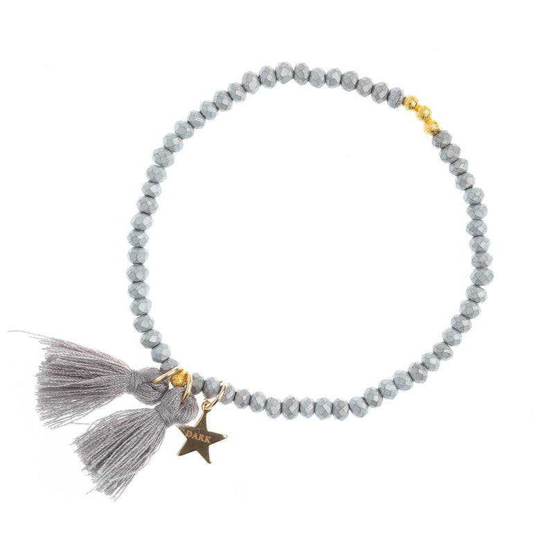 CRYSTAL BEAD BRACELET 4 MM W/TASSEL MATTE GREY