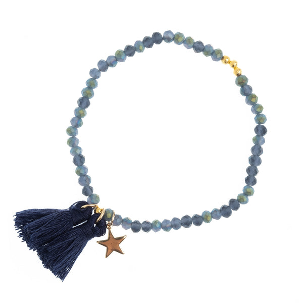 CRYSTAL BEAD BRACELET 4 MM W/TASSEL MATTE STONE BLUE