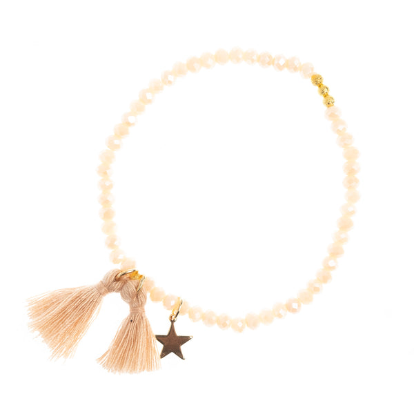 CRYSTAL BEAD BRACELET 4 MM W/TASSEL SPARKLED CAMEL