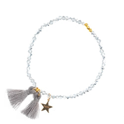 CRYSTAL BEAD BRACELET 4 MM W/TASSEL SPARKLED LIGHT GREY