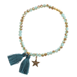 CRYSTAL BEAD BRACELET 4 MM W/TASSEL TEAL COMBO