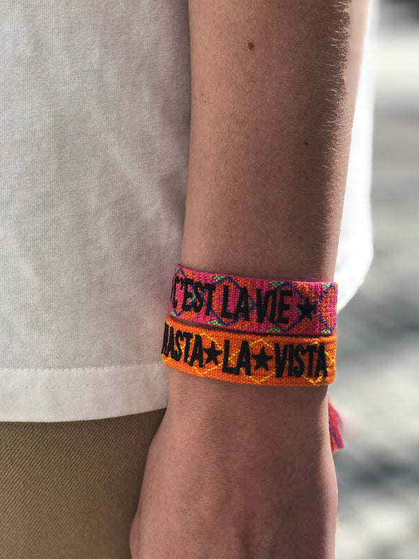 WOVEN FRIENDSHIP BRACELET - "HASTA LA VISTA" ORANGE W/BLACK