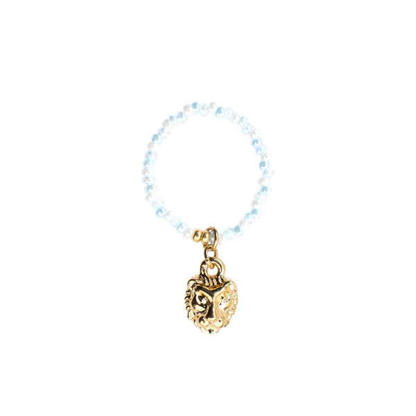 GLASS BEAD RING LIGHT BLUE W/LION CHARM