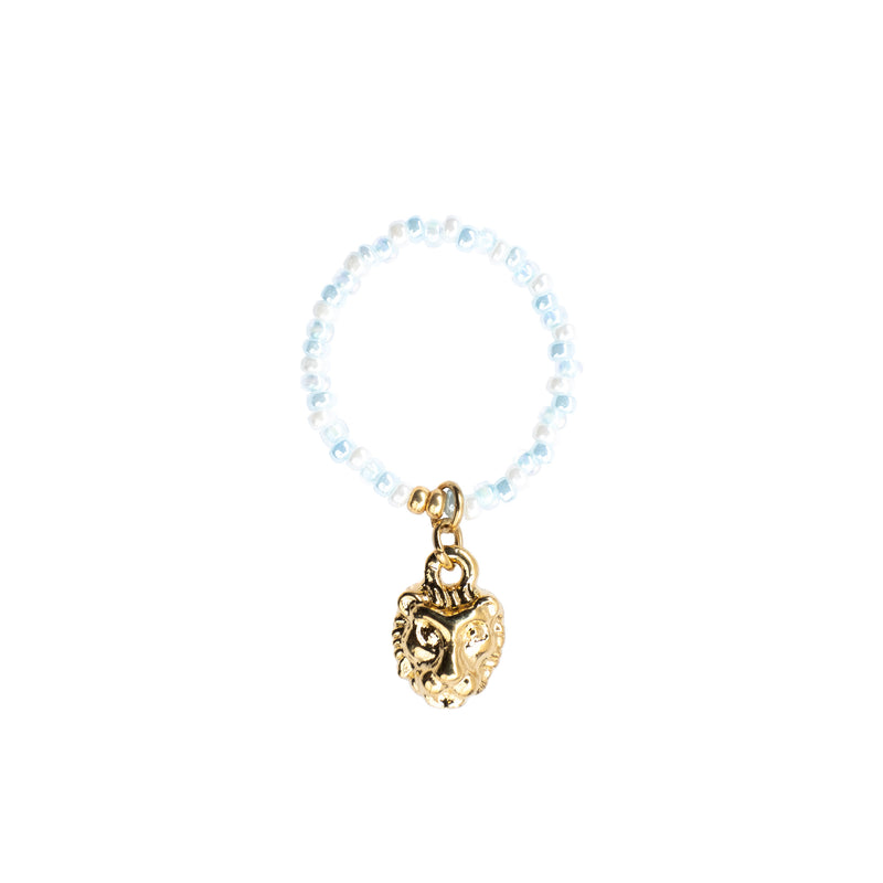 GLASS BEAD RING LIGHT BLUE W/LION CHARM