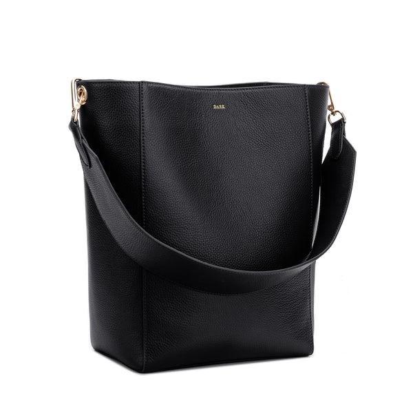 LEATHER BUCKET BAG BLACK W/GOLD (W/LEATHER STRAP)