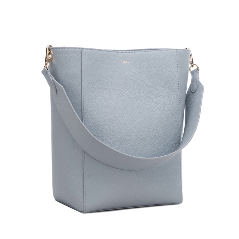 Blue leather bucket bag deals