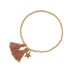 METAL BEAD BRACELET W/TASSEL DARK CAMEL