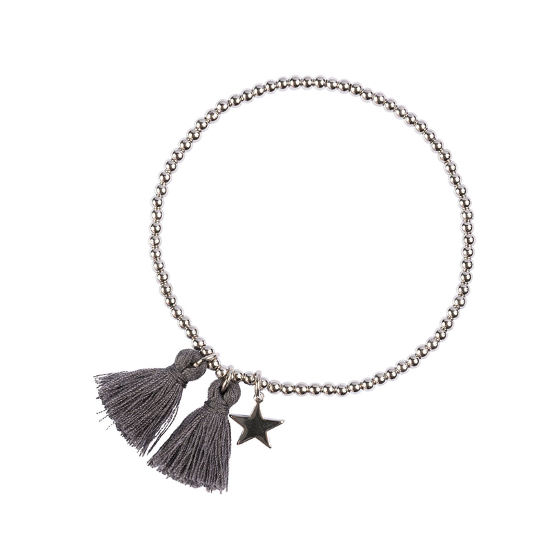 METAL BEAD BRACELET W/TASSEL DARK GREY W/SILVER