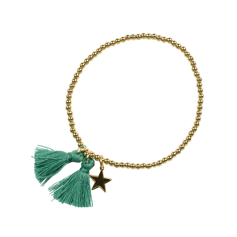 METAL BEAD BRACELET W/TASSEL GREEN