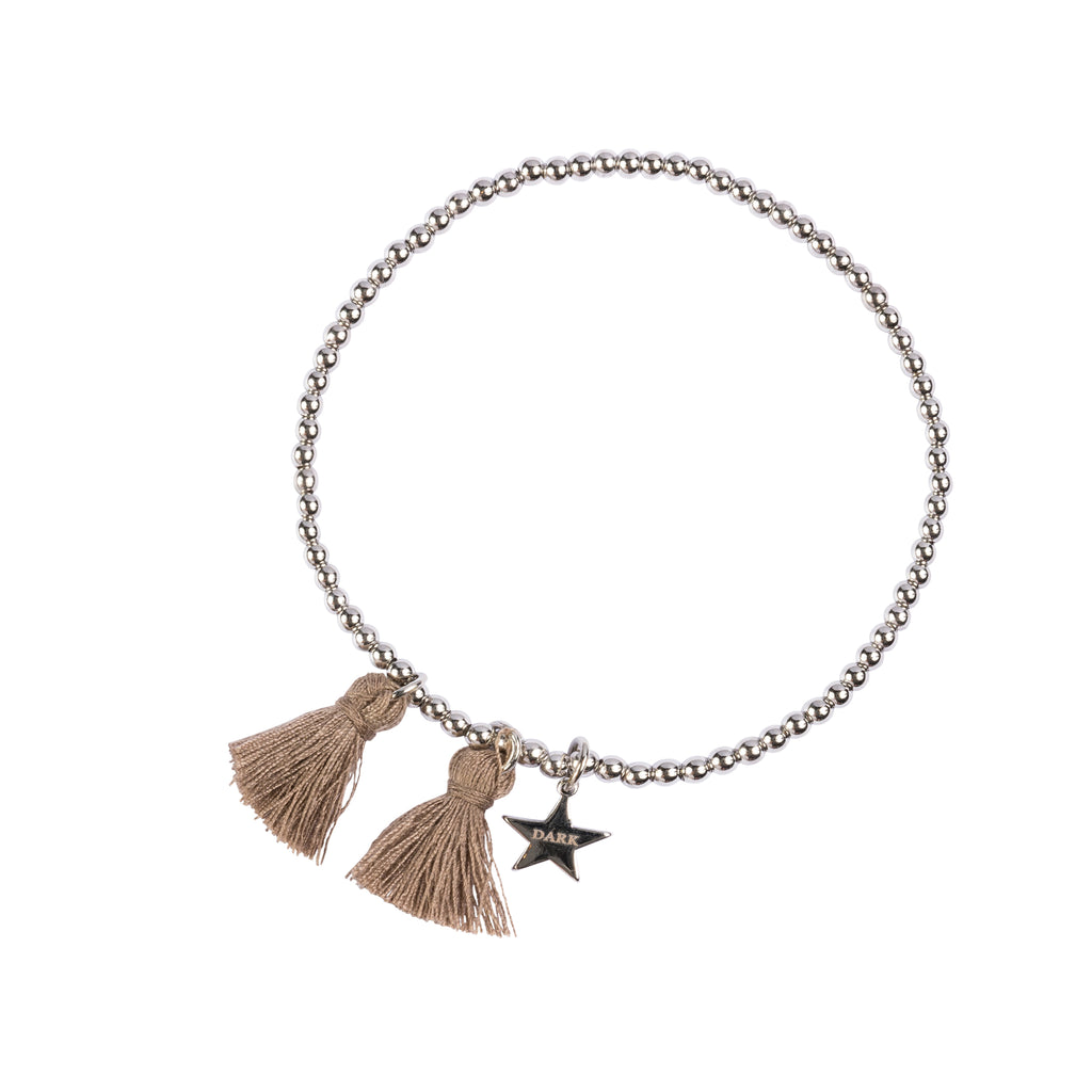 METAL BEAD BRACELET W/TASSEL TAUPE W/SILVER METAL BEAD BRACELET W/TASSEL TAUPE W/SILVER