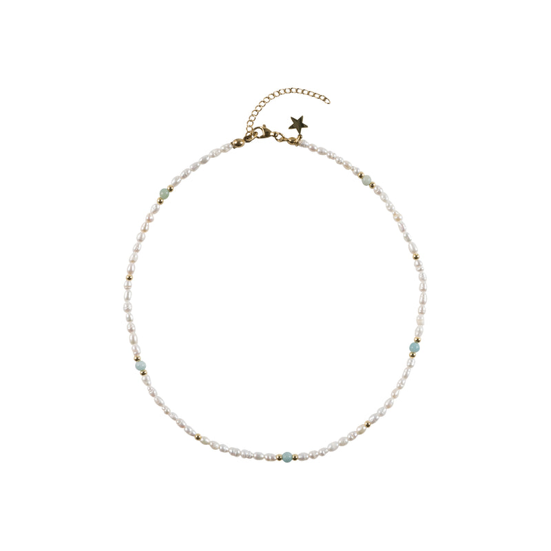 OVAL PEARL NECKLACE W/NATURAL STONE AQUAMARINE