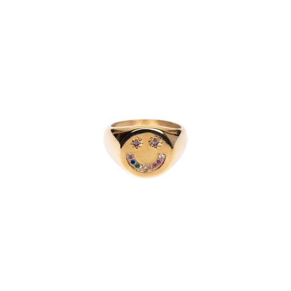 SMILEY SIGNET RING W/MULTICOLORED CRYSTALS