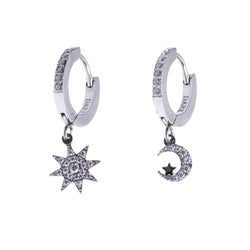 STAR & MOON HOOPS W/CRYSTALS SILVER