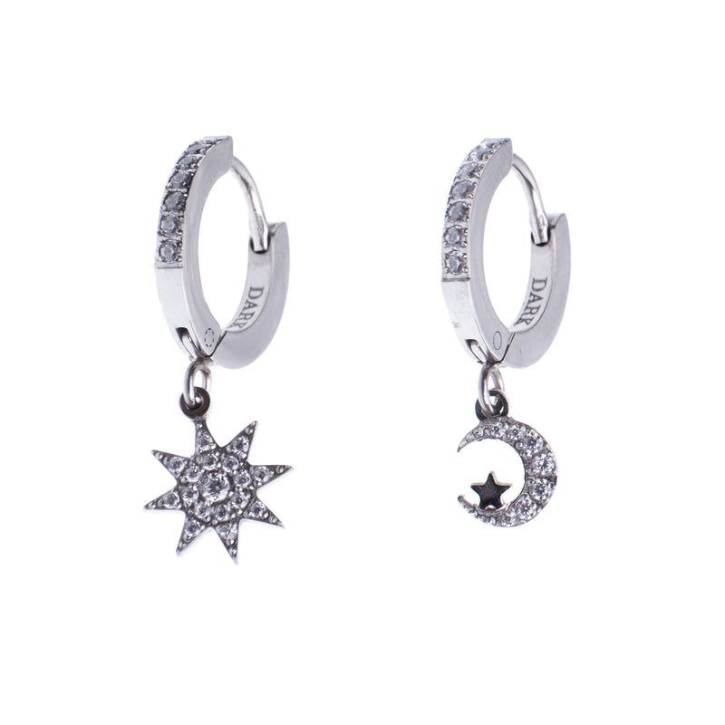 STAR & MOON HOOPS W/CRYSTALS SILVER