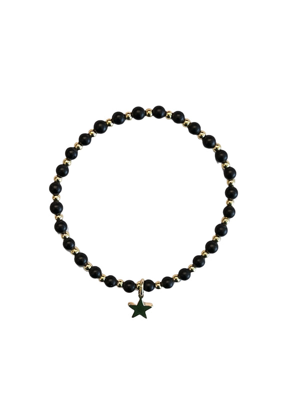 STONE BEAD BRACELET 4 MM W/GOLD BEADS MATTE BLACK