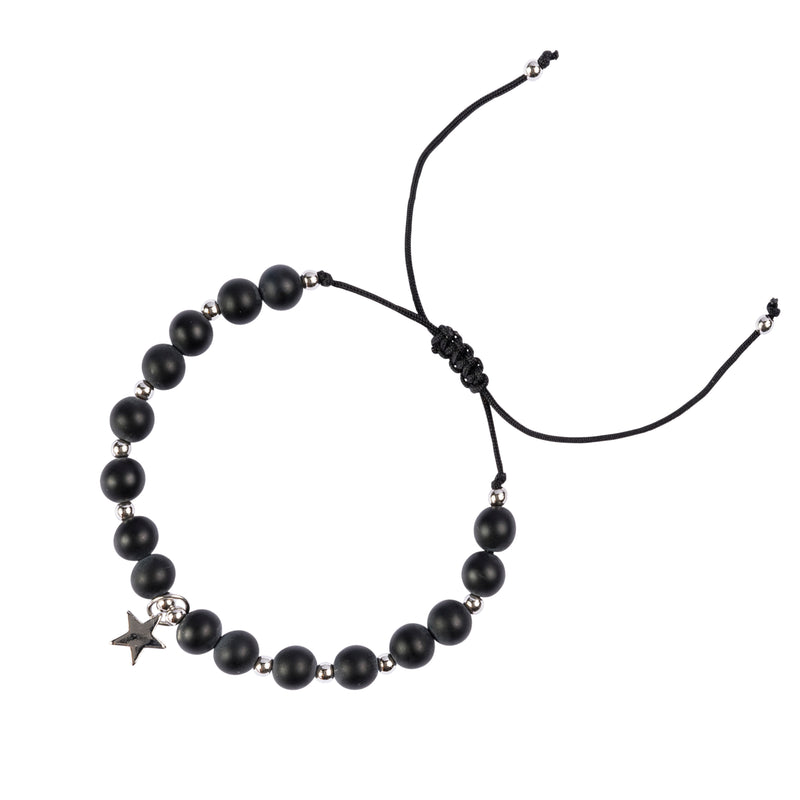 STONE BEAD BRACELET 6 MM MATTE BLACK W/SILVER