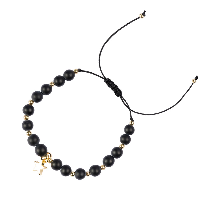 STONE BEAD BRACELET 6 MM MATTE BLACK W/GOLD