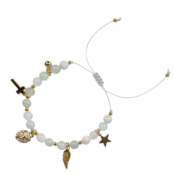STONE BEAD BRACELET 6 MM W/CHARMS - AQUAMARINE