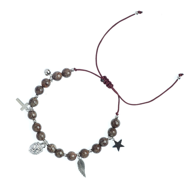 STONE BEAD BRACELET 6 MM W/CHARMS - CHOCOLATE BROWN W/SILVER