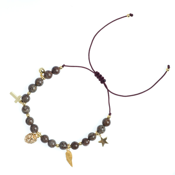 STONE BEAD BRACELET 6 MM W/CHARMS - CHOCOLATE BROWN W/GOLD