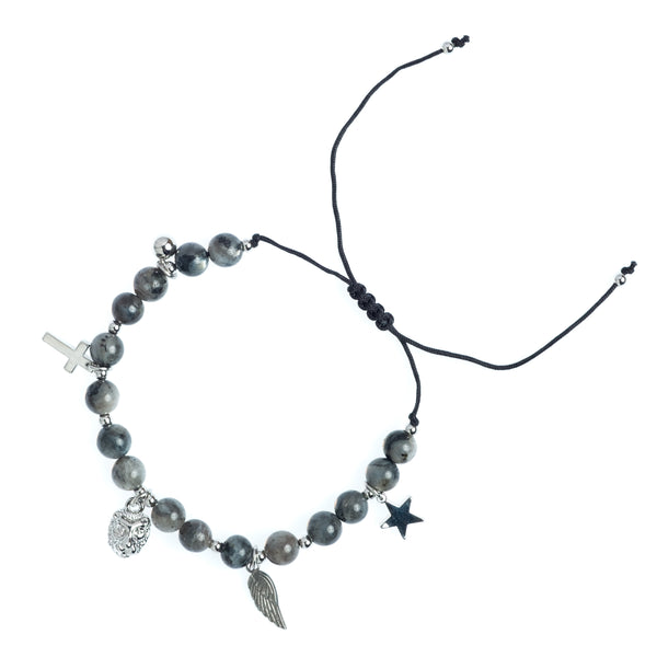 STONE BEAD BRACELET 6 MM W/CHARMS - DARK GREY W/SILVER