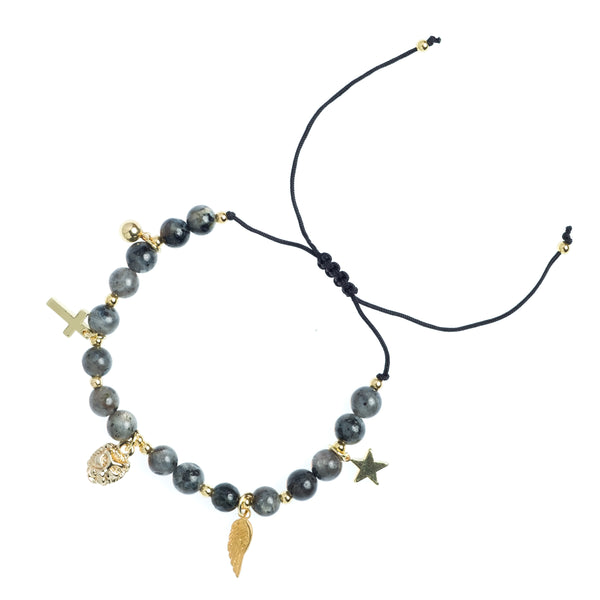 STONE BEAD BRACELET 6 MM W/CHARMS - DARK GREY W/GOLD