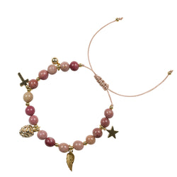 STONE BEAD BRACELET 6 MM W/CHARMS - DUSTY ROSE