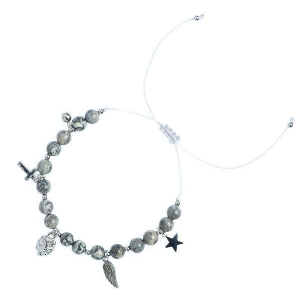 STONE BEAD BRACELET 6 MM W/CHARMS - GREY W/SILVER