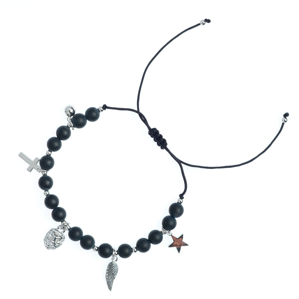 STONE BEAD BRACELET 6 MM W/CHARMS - MATTE BLACK W/SILVER