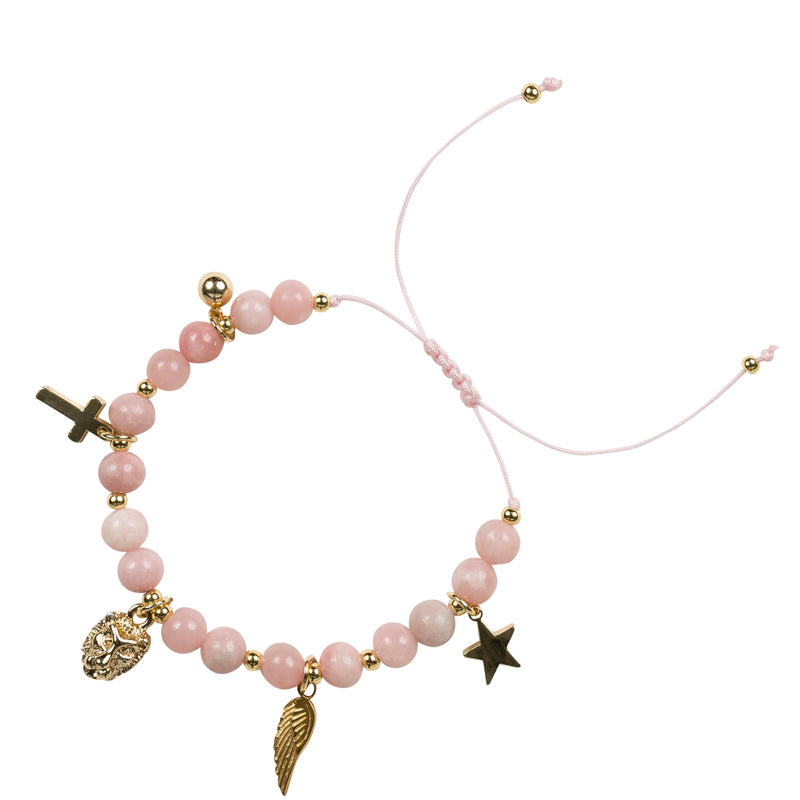 STONE BEAD BRACELET 6 MM W/CHARMS - ROSE