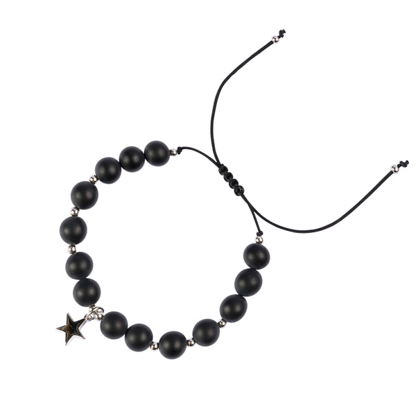 STONE BEAD BRACELET 8 MM MATTE BLACK W/SILVER