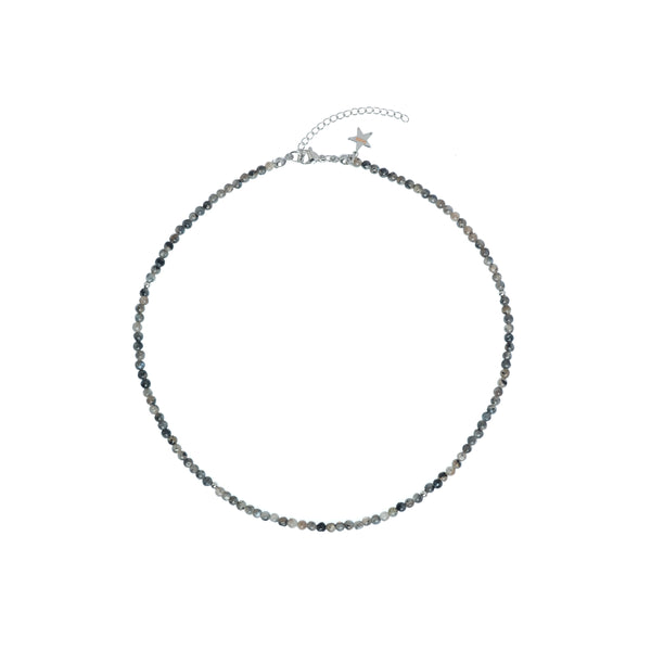 STONE BEAD NECKLACE 3 MM DARK GREY W/SILVER 40 CM