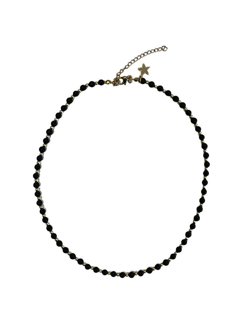 STONE BEAD NECKLACE 4 MM W/GOLD BEADS MATTE BLACK