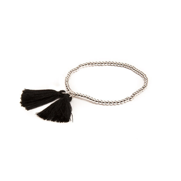 TASSEL BRACELET METAL BEADS SILVER BLACK