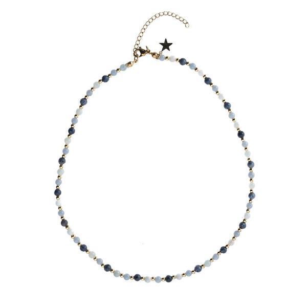 STONE BEAD NECKLACE 4 MM W/GOLD BEADS BLUE OCEAN MIX