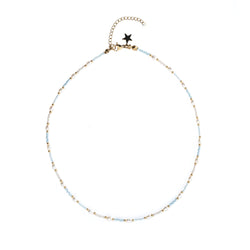 GLASS BEAD NECKLACE W/PEARLS LIGHT BLUE