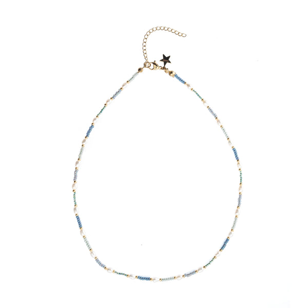 GLASS BEAD NECKLACE W/PEARLS BLUE OCEAN