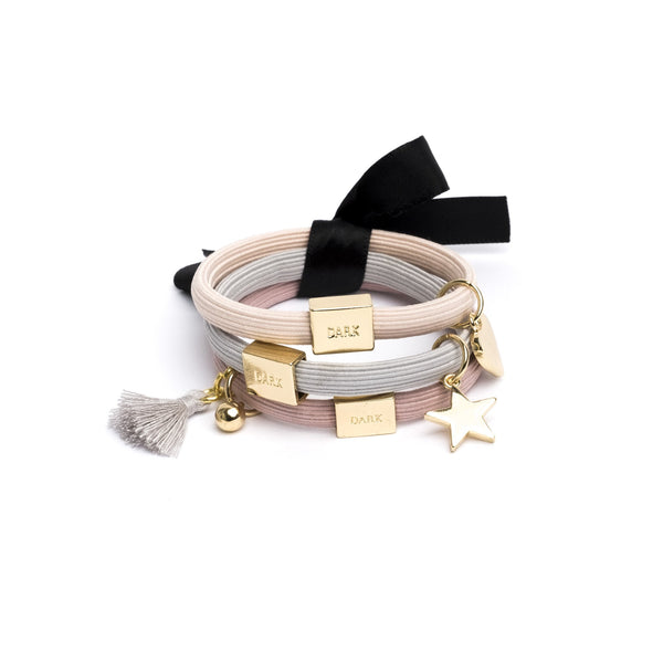 HAIR TIES 3 PK CHARM COMBO POWDERS W.GOLD
