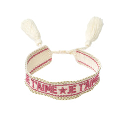 WOVEN FRIENDSHIP BRACELET - "Je T'aime" Off White W/Sparkled Geranium Pink