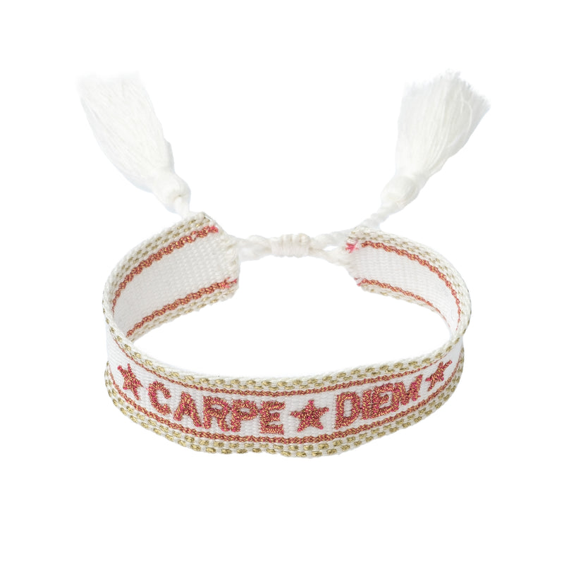 WOVEN FRIENDSHIP BRACELET - "Carpe Diem" White W/Sparkled Orange