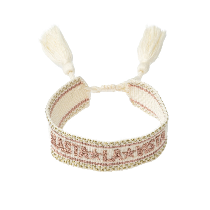 WOVEN FRIENDSHIP BRACELET - "Hasta La Vista" Off White W/Sparkled Rose Quartz