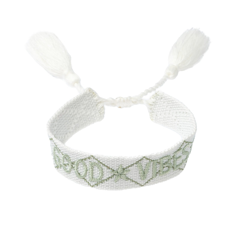 WOVEN FRIENDSHIP BRACELET - "Good Vibes" White W/Ocean Green