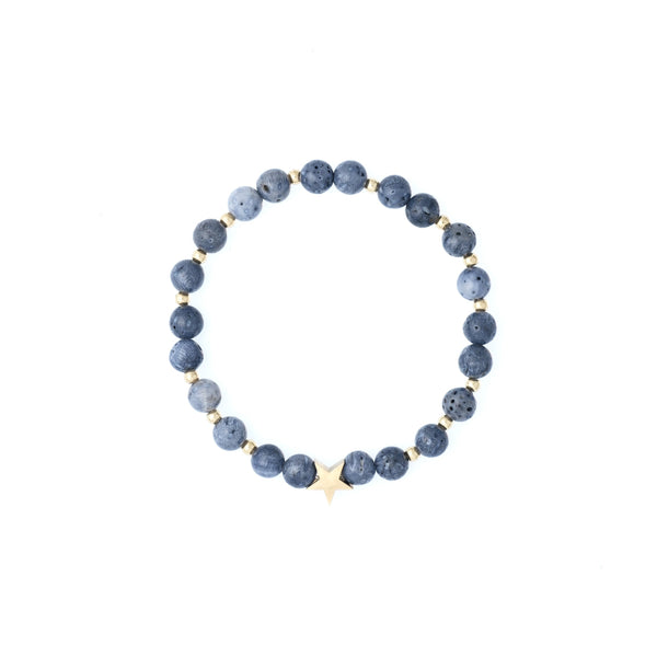 STONE BEAD BRACELET 6 MM W/GOLD BEADS STEEL BLUE