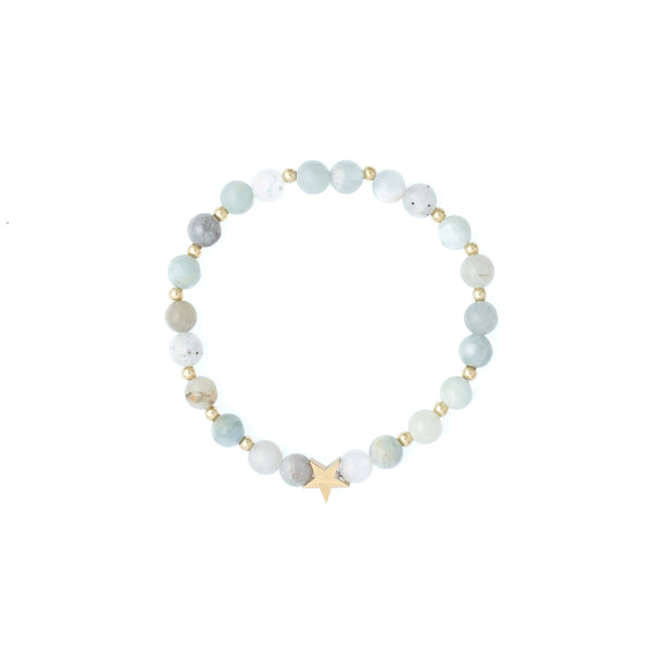 STONE BEAD BRACELET 6 MM W/GOLD BEADS AQUAMARINE