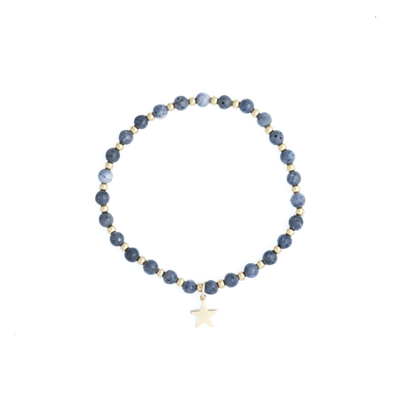 STONE BEAD BRACELET 4 MM W/GOLD BEADS STEEL BLUE