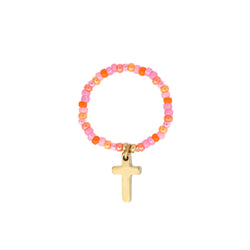 GLASS BEAD RING 2 MM ORANGE & PINK W/CROSS CHARM